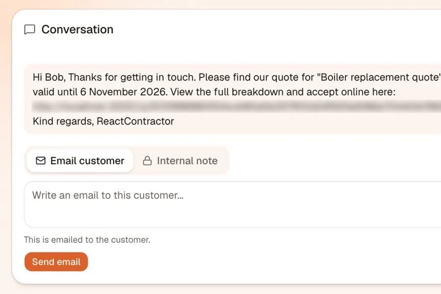 A quote emailed to a customer from the lead conversation, with a box to write the next email