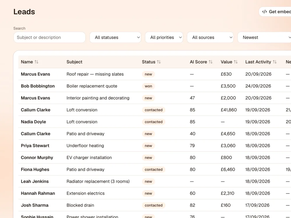 The TradeCRM leads list, with every enquiry in one place